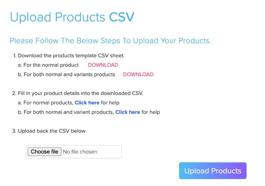 Store Manager page to upload products from a CSV file in three steps