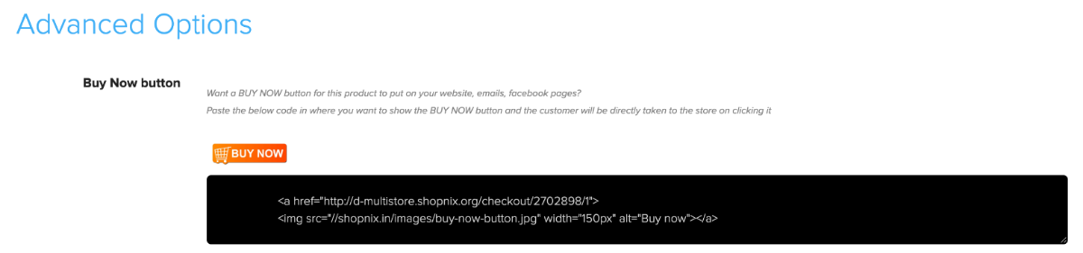 Store Manager product page with a Buy Now button and its HTML code to copy