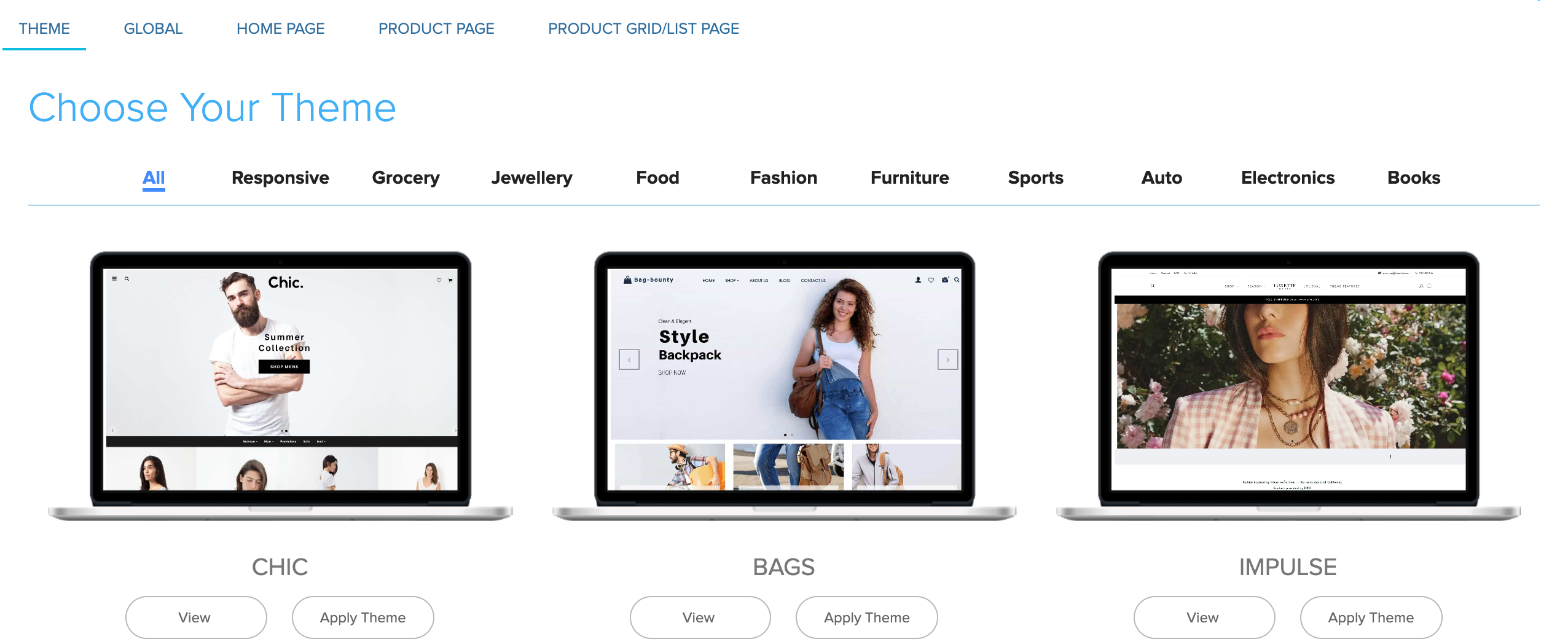 Choose Your Theme screen in Store Manager with themes by business type
