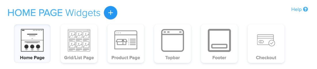 Store Manager widget positions: home page, grid page, product page, top bar, footer and checkout