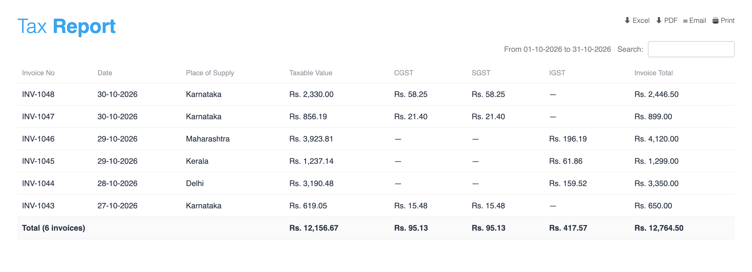 Monthly tax report (sample data)
