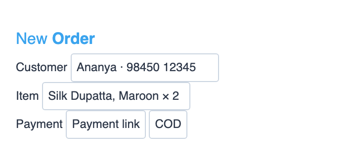 New order form with customer, item and payment link or COD (sample data)
