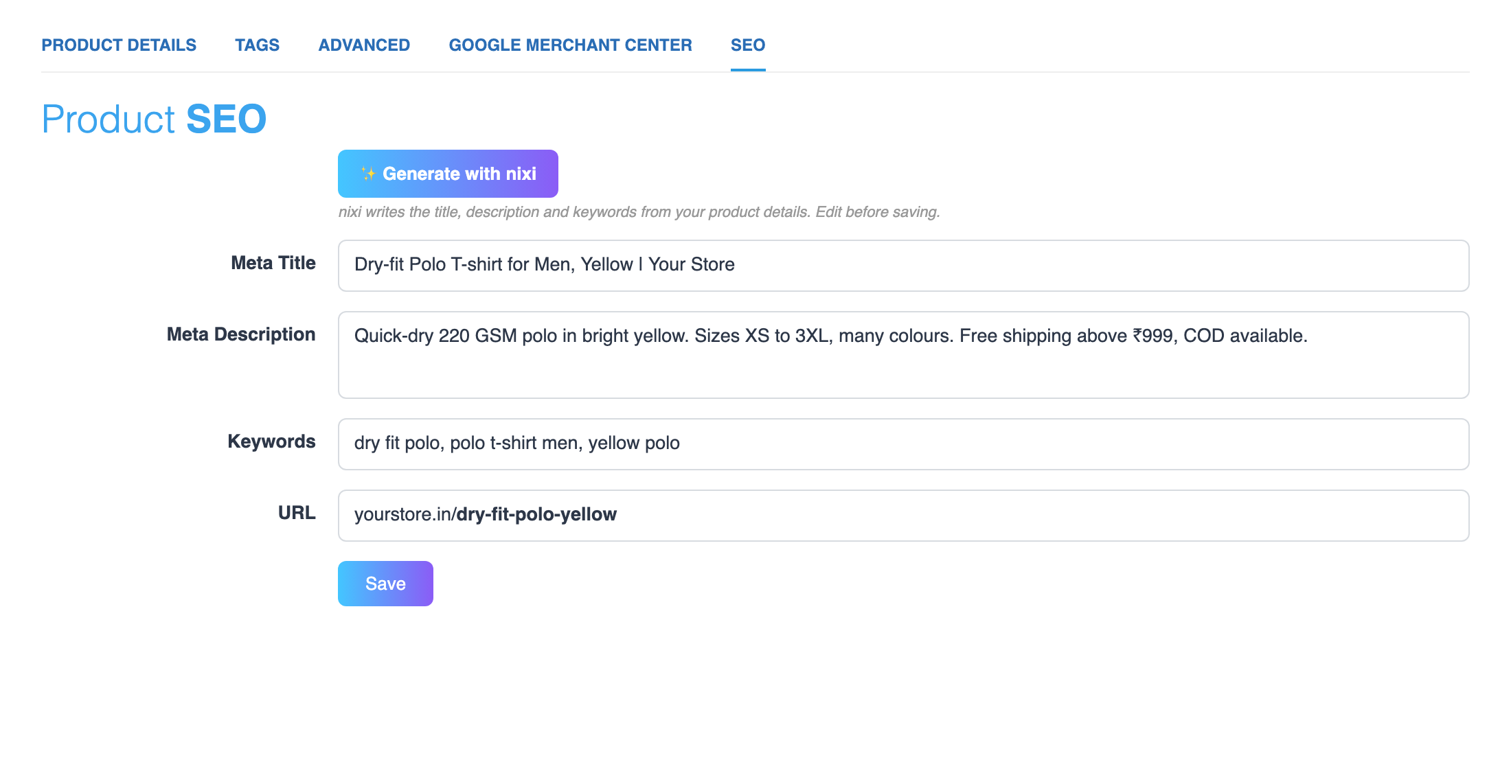 SEO tab with Generate with nixi (sample data)