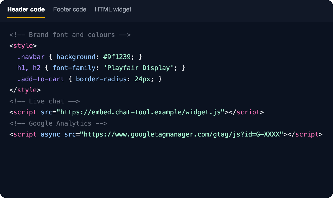 Header code with custom CSS for brand colours and fonts, a live chat and Google Analytics (sample code)