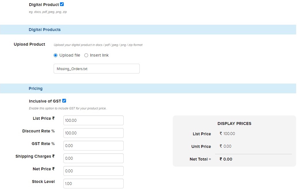 Store Manager product form with Digital Product ticked, upload file or insert link, and pricing inclusive of GST with zero shipping
