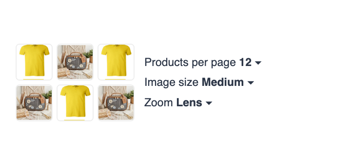Product grid settings for products per page, image size and zoom