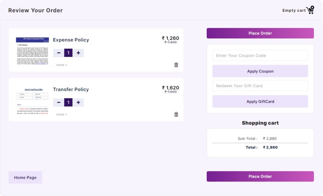 Shopping cart with two policies, a coupon box and a gift card box