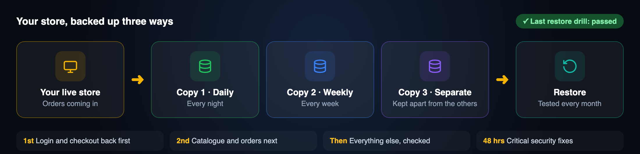 Your live store backed up three ways: a daily copy, a weekly copy and a separate copy, with restores tested every month and login and checkout brought back first
