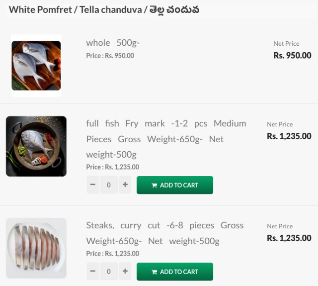 Three options for white pomfret with photos, weights and prices