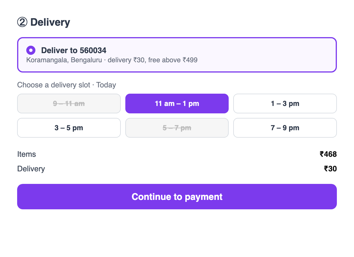 Checkout delivery step: pincode, delivery charge, free above a minimum, and time slots with full ones crossed out (sample data)