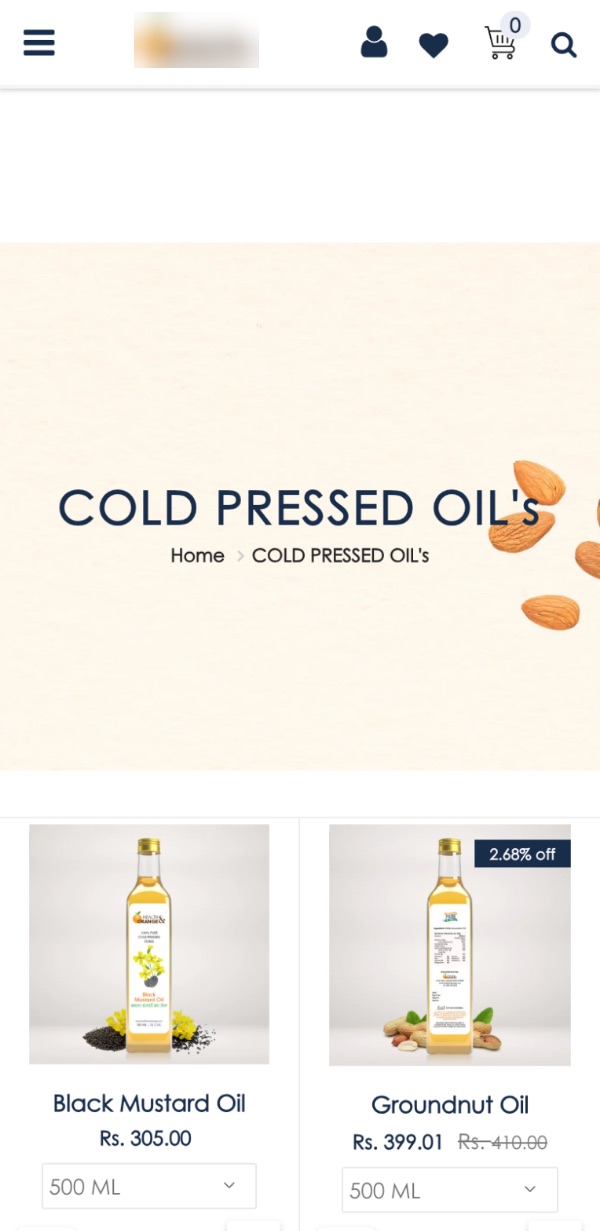 Category page of a Shopnix store selling cold-pressed oils, in an Android phone