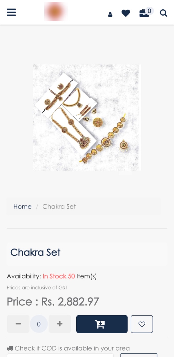 Product page of a classical dance jewellery set with GST-inclusive price and COD check, on an iPhone