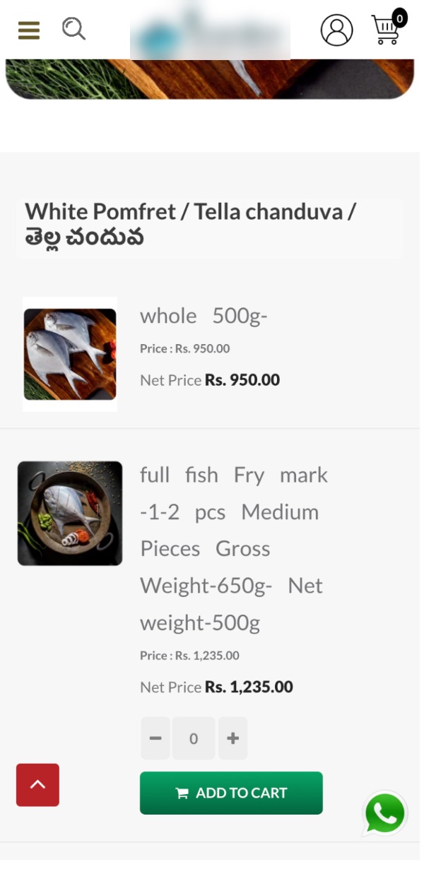 Fresh pomfret options with weights and prices on an Android phone