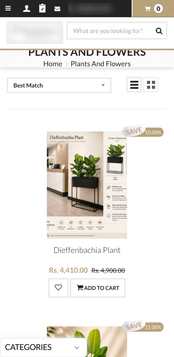 Plants and flowers category of a Shopnix home decor store with prices and discounts, on an Android phone