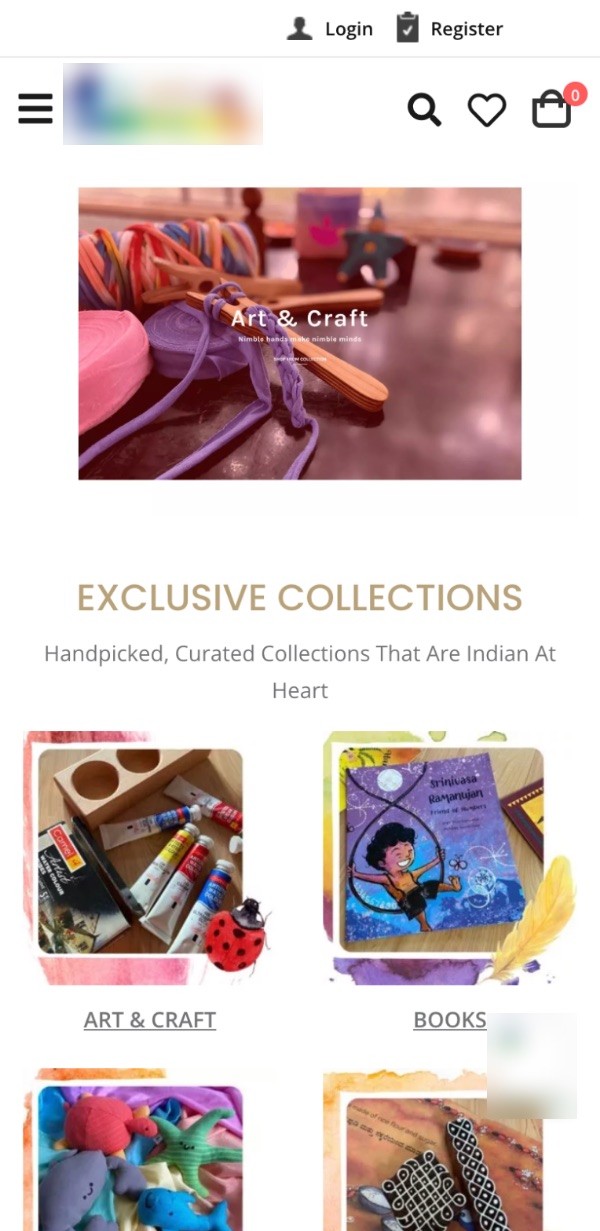 Home page of a Shopnix store selling children's books and craft kits, in an Android phone
