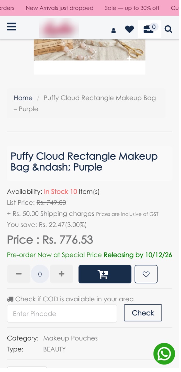A real store selling a makeup bag on pre-order, on a phone
