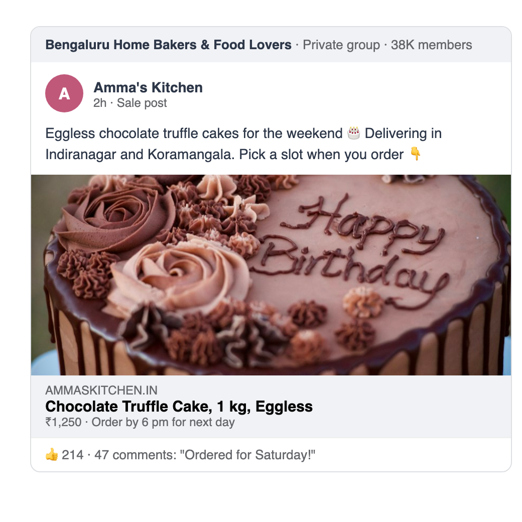 Example post in a city home bakers Facebook group sharing a cake product link with photo, price and order cut-off time