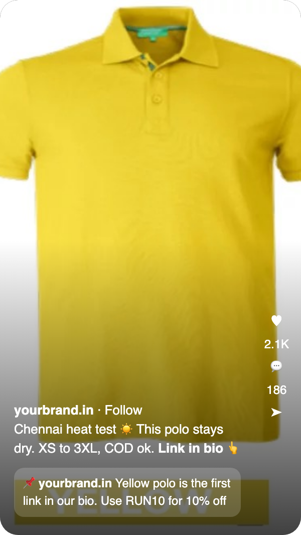Example Instagram reel of a yellow polo with Link in bio in the caption and a pinned comment with a coupon code