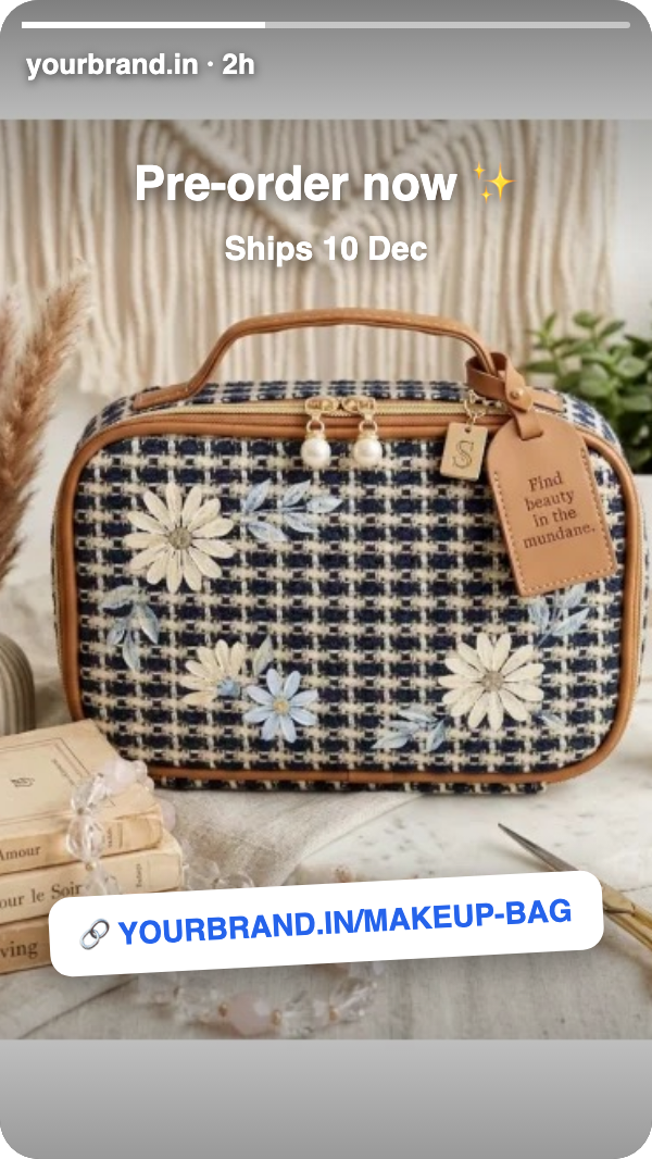 Example Instagram story with a Pre-order now caption and a link sticker to the product page