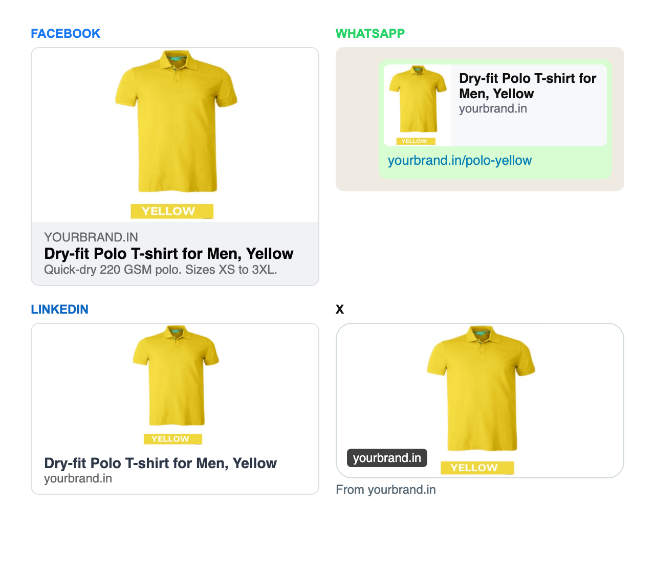 Example link previews of one product link on Facebook, WhatsApp, LinkedIn and X, each showing the product photo and name