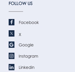 A real store's footer with Follow Us links to Facebook, X, Google, Instagram and LinkedIn