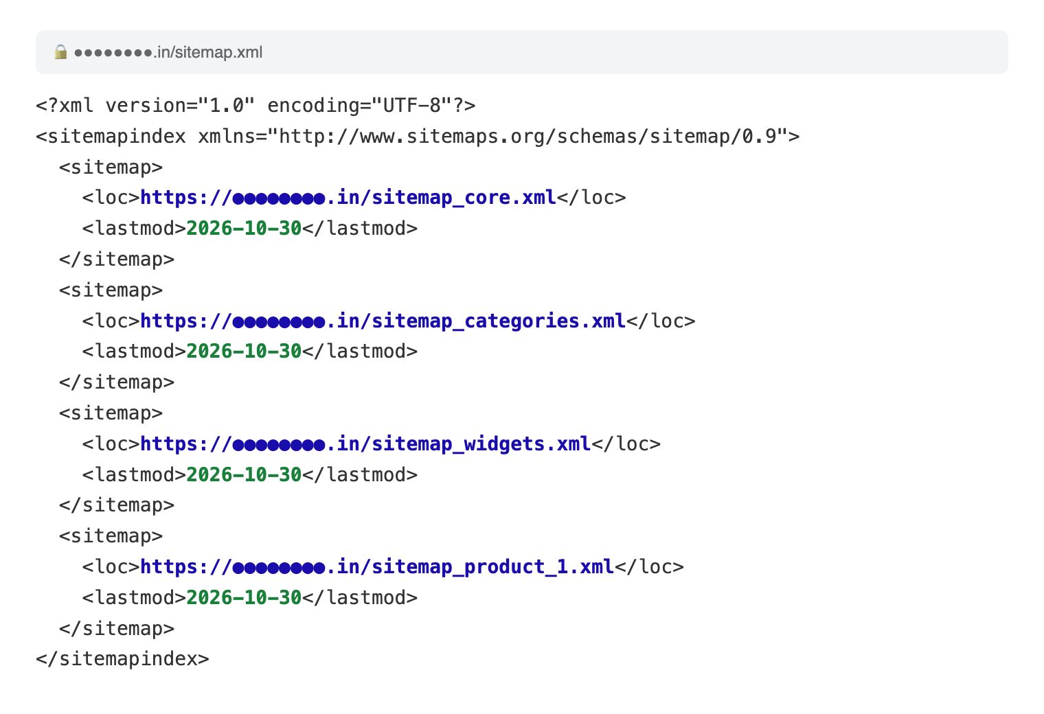 A real store's sitemap index dated today (store name hidden)