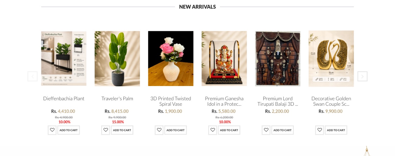 A real home decor store's New Arrivals row with prices and savings