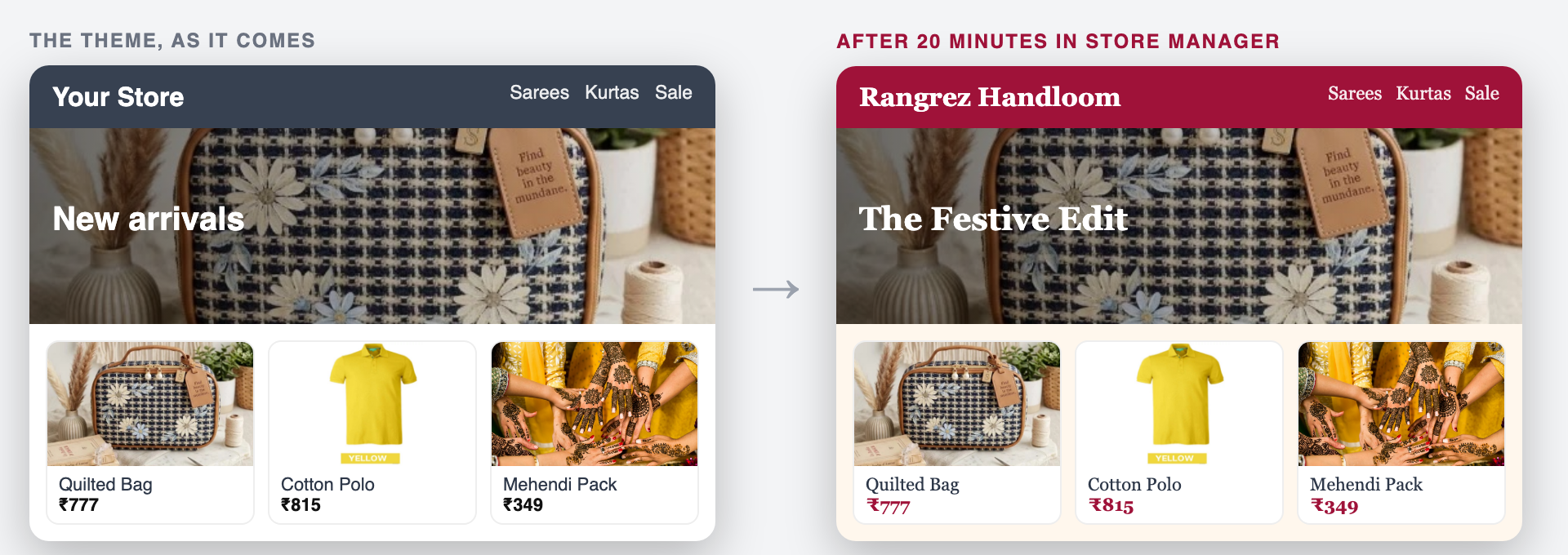 The same store before and after customising in Store Manager: a plain theme, and the same theme with brand colours, a serif font and a festive banner (sample data)
