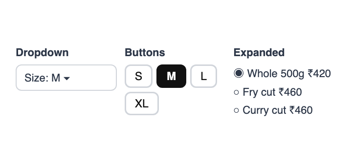 Size options shown as a dropdown, buttons or an expanded list
