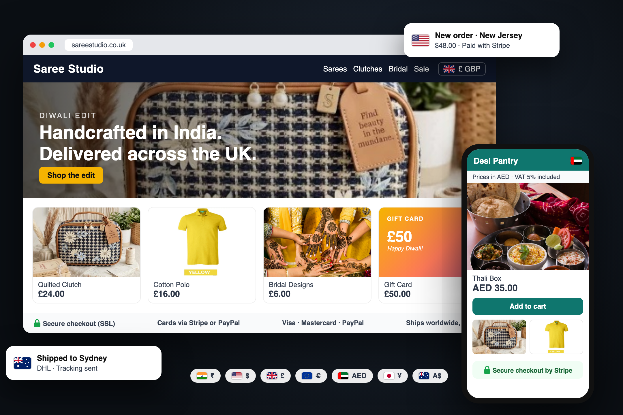 Example international store: a UK store in pounds and a Dubai store in dirhams, with orders from New Jersey and Sydney