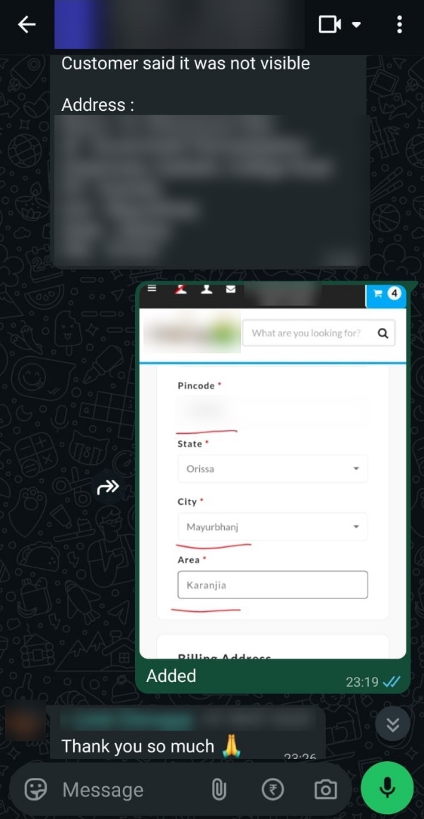 A real Shopnix WhatsApp group: a merchant reports that a customer's area is missing at checkout at 10:48 pm, the Shopnix team adds it by 11:19 pm, and the merchant replies thank you. Names and address blurred.
