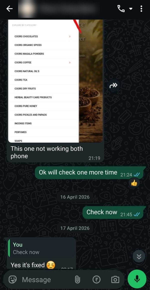 WhatsApp group: merchant reports the category menu not working on phones, Shopnix fixes it and the merchant replies yes it's fixed