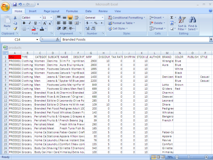 Product template CSV filled in with product details