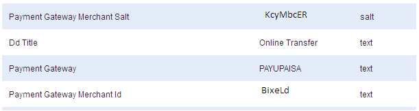 Payment gateway fields for provider, merchant ID and salt