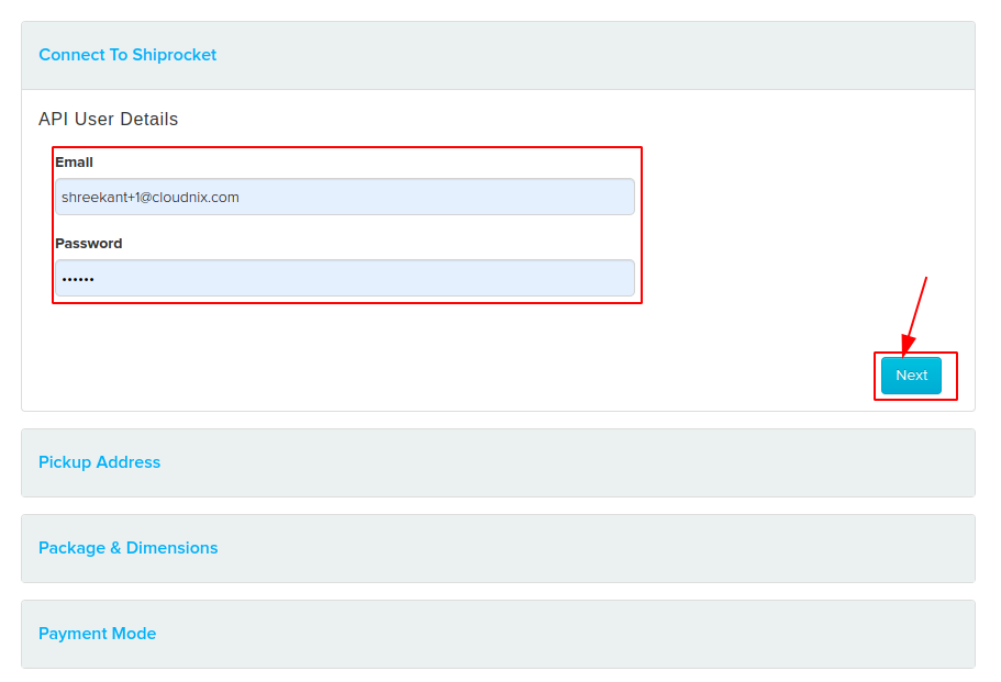 API User Details form for Shiprocket