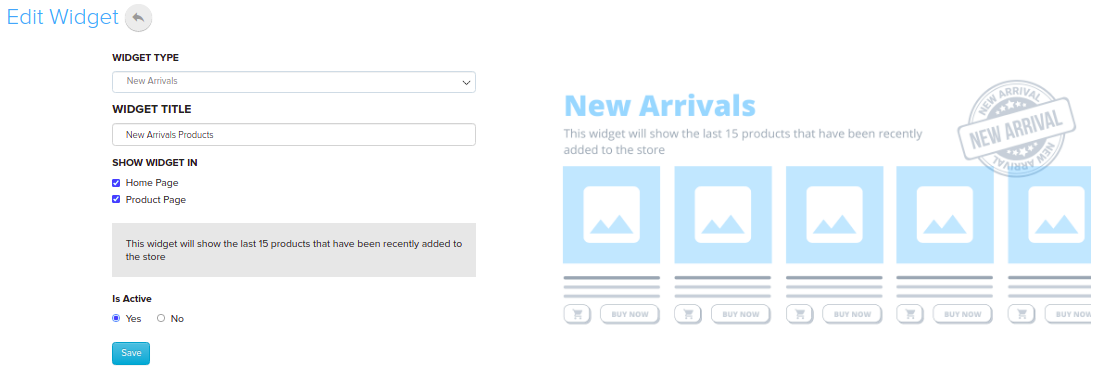 New Arrivals Widget settings with Show Widget In options