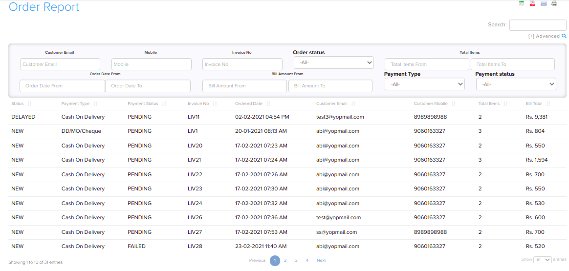 Order report showing a list of orders
