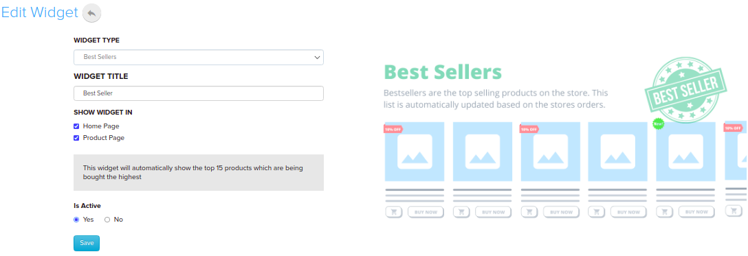 Best Seller Widget settings with Show Widget In options