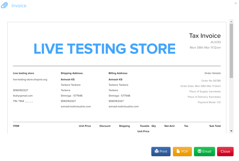 Invoice pop-up showing order details