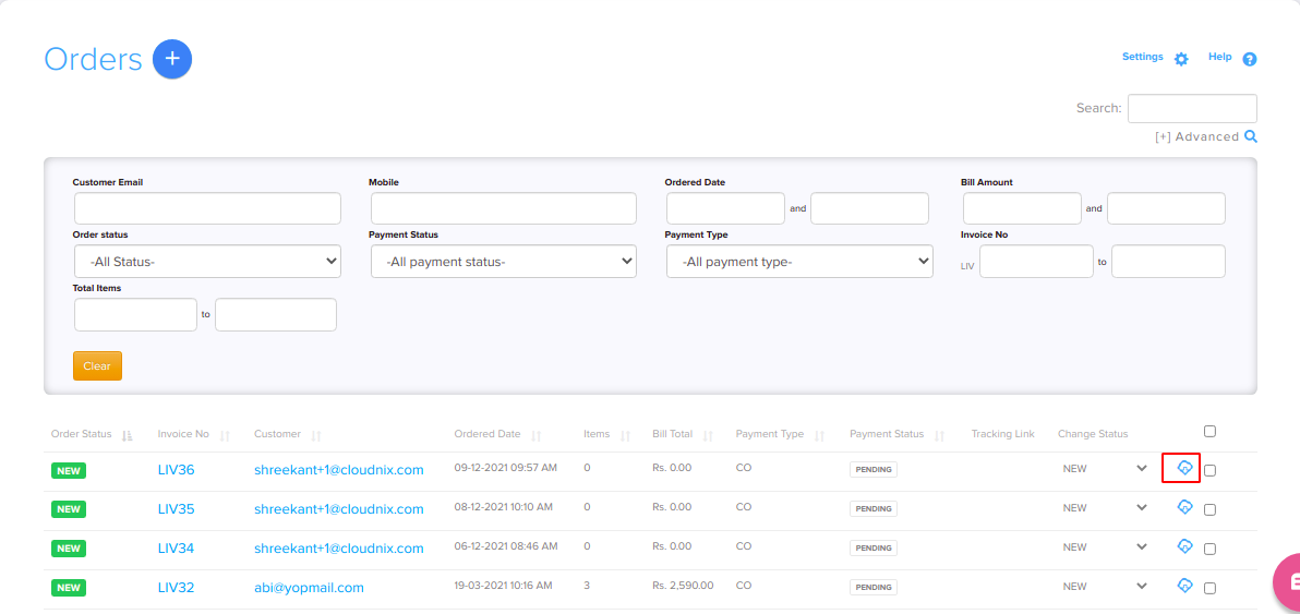 Orders list with the invoice icon highlighted