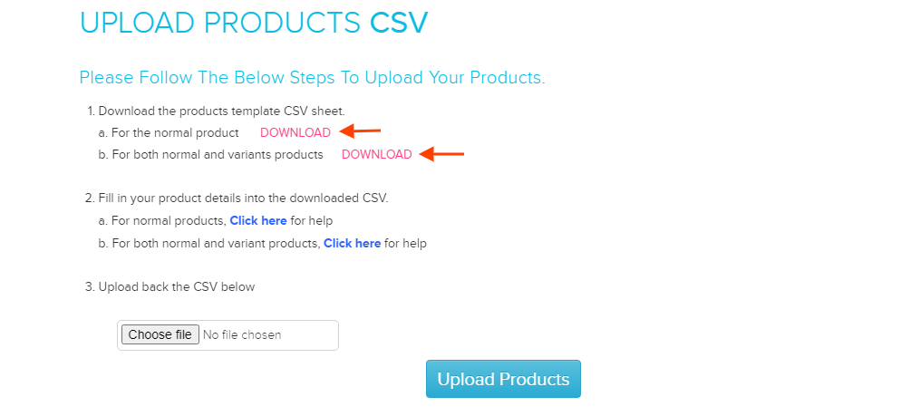 Upload Products CSV page with the Download button