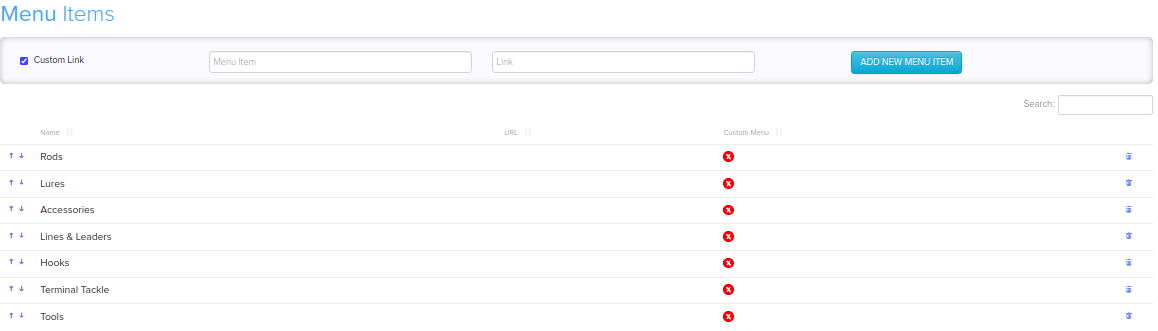 Menus page with Name and Link fields and the list of menu items