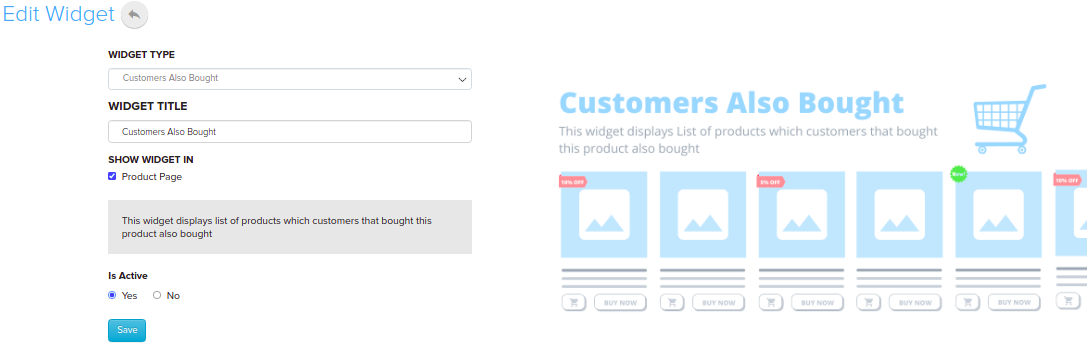 Customer Also Bought Widget settings with Show Widget In options
