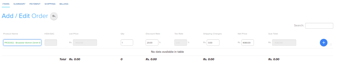 Adding a product to a new order under Product Name