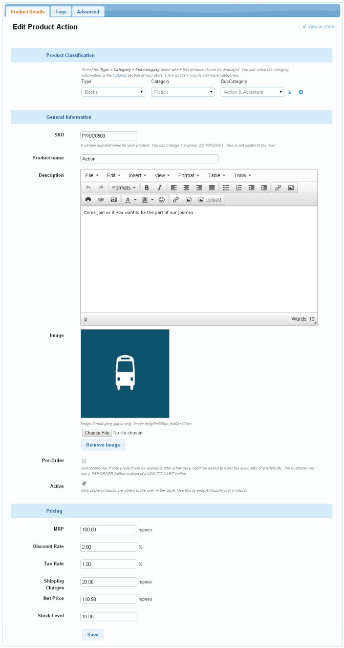 Product edit page with its tabs