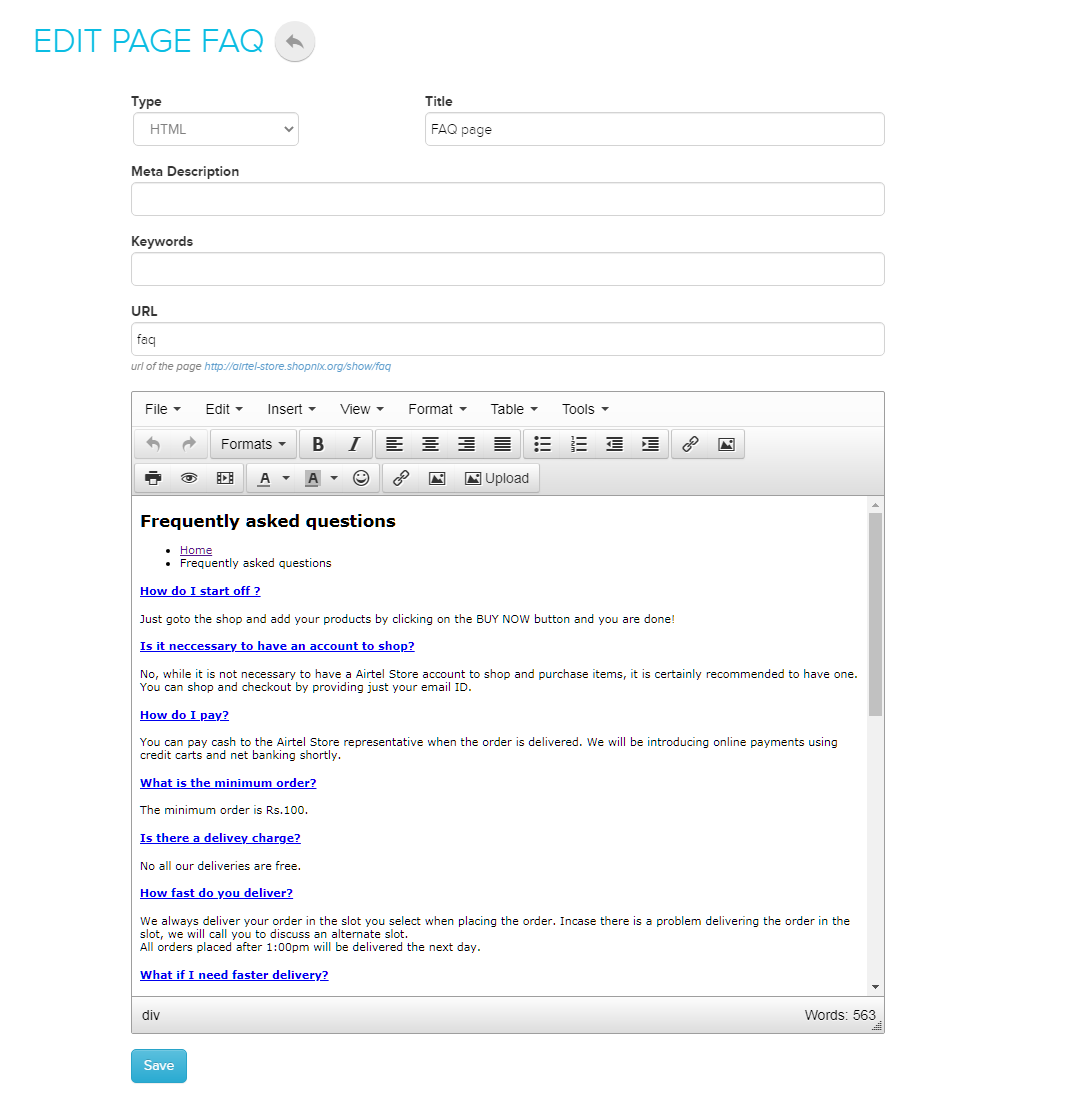 An existing page open in the page editor