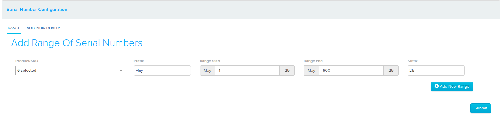Serial number range with prefix, range and suffix