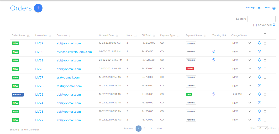 Orders list in Store Manager