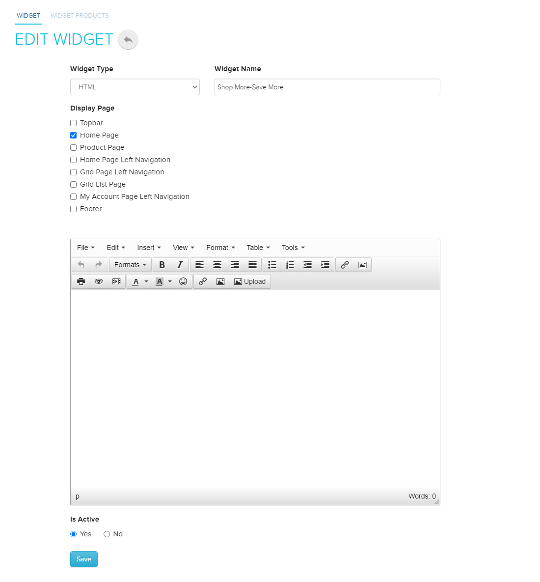 HTML widget editor in Store Manager