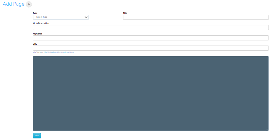 Add New Page form with Type, Name, Title and editor